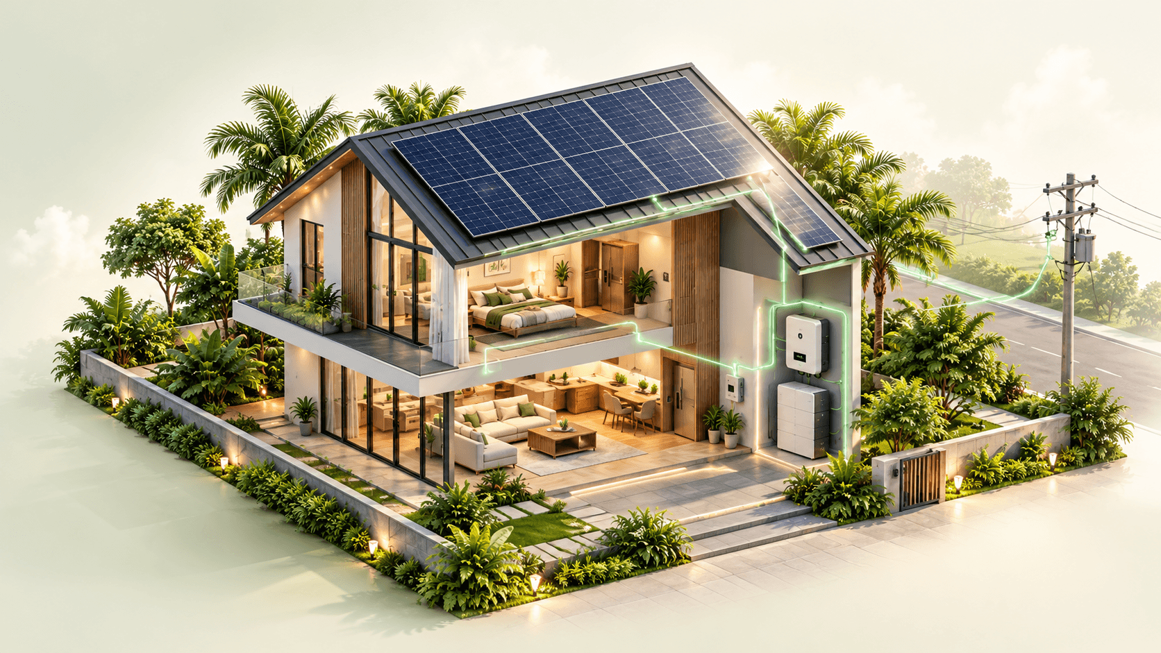 Solar-powered home connected to battery and grid