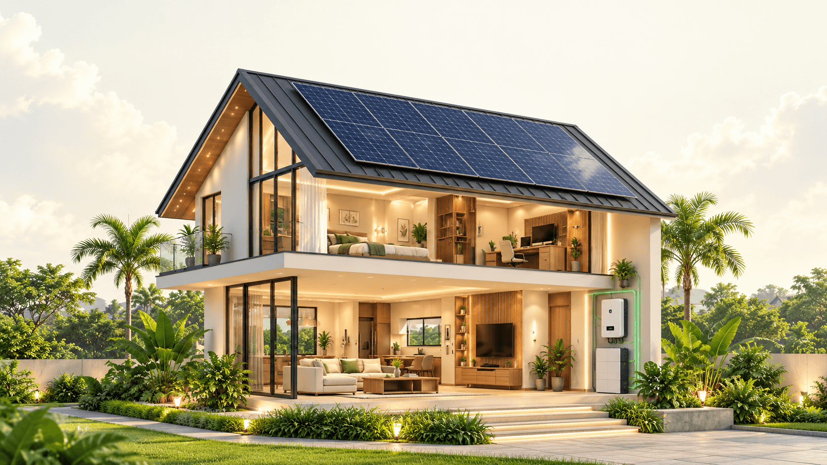 Contemporary solar-powered home with panels, inverter, and battery storage